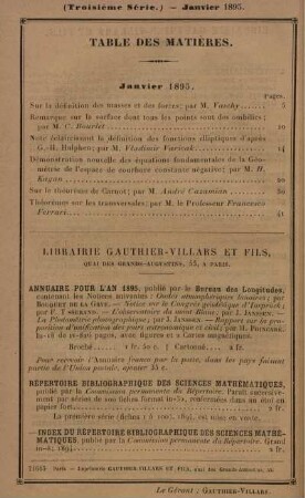 Table des matières. Janvier 1895.