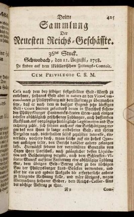 36tes Stuck. Schwabach, den 11. Augusti, 1758.