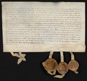 Kuno, Albrecht und Konrad von Stöffeln versprechen dem Grafen Eberhard von Württemberg Gewährschaft des Verkaufs ihrer Burg Stöffeln und der Stadt Gönningen.