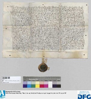 Walthasor Pemer, oberster Amtmann des Waldes bei Nürnberg, Sebalder Seite, und das Forstgericht daselbst sprechen dem Rat der Stadt Nürnberg den Teil der Forsthube zu Tennenlo, welchen Peter Motter vor dem von Wernlein und Gilg den Schützen erkauft hat und der nach des Motters Tod weder vom Rat noch dem Waldamtmann empfangen wurde, gegen die Erbansprüche Peter von Seckendorffs als verfallenes Lehen zu. - Zeugen: Vlrich Haller, Endres Geuder, Jörg Startz, Albrecht Swatman, Heinrich Perckmeister, sämtlich Bürger zu Nurnberg, Jorg Hetzelstorffer zu Günterspühel, Jacob Prenger zu Gescheyd, Cuntz Hering zu Malmshoff, Hanns Kuenl zu Krafftzhoff, Herman Pawer der Altere und Jungere, beide zu Tennelov, Hans Wirt zu Ruckerstorff und Peter Rabnolt zu Erlastegen. - Siegler: der Amtmann.