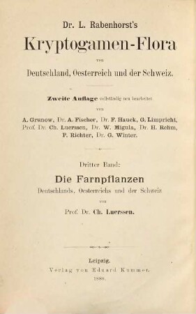 Dr. L. Rabenhorst's Kryptogamen-Flora von Deutschland, Österreich und der Schweiz, 3. Die Farnpflanzen oder Gefässbündelkryptogramen (Pteridophyta)