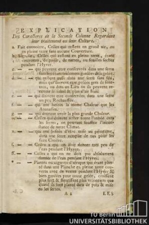 Explication Des Caracteres de la Seconde Colonne Regardant leur traitement ou leur Culture.
