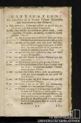 Explication Des Caracteres de la Seconde Colonne Regardant leur traitement ou leur Culture.