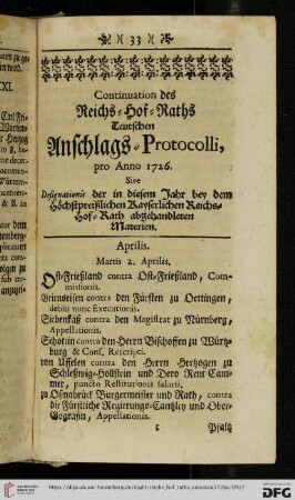 Continuation des Reichs-Hof-Raths Teutschen Anschlags-Protocolli, pro Anno 1726