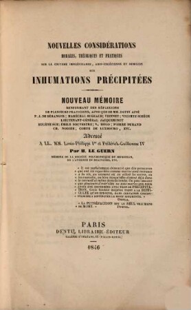 Nouvelles considérations morales, théoriques et pratiques sur la coutume imprévoyante, anti-chrétienne et homicide des inhumations précipitées