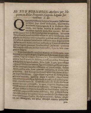 Mr. Rob. Burnetus, Authoris per Neptem ex Filia Progener, Cupidæ Legum Juventuti S. D.