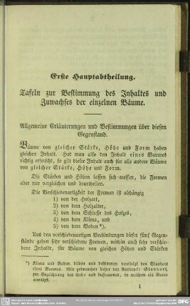 Erste Hauptabtheilung. Tafeln zur Bestimmung des Inhaltes und Zuwachses der einzelnen Bäume