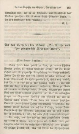 183-190 An den Verfasser der Schrift "Die Kirche und ihre zeitgemäße Reorganisation"