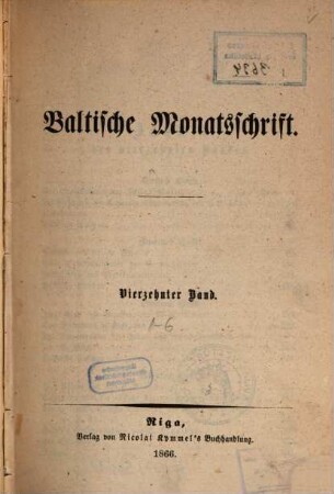 Baltische Monatsschrift. 1866,[2] = Bd. 14