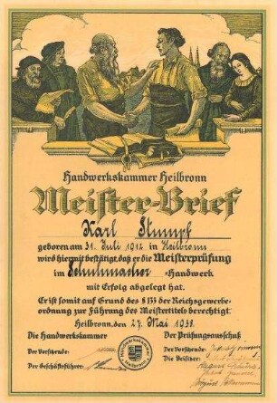 Meisterbrief der Handwerkskammer Heilbronn über die abgelegte Meisterprüfung von Karl Stumpf im Schuhmacherhandwerk