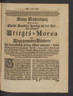 [Kurtze Beschreibung des Venetianischen Türcken-Krieges/ Anno 1684.]