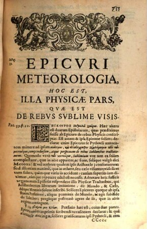 Epicvri Philosophia, 2. Epicvri Meteorologia, Hoc Est, Illa Physicae Pars, Qvae Est De Rebvs Sublime Visis