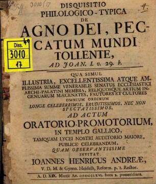 Disquisitio philol.-typica de agno dei, peccatum mundi tollente