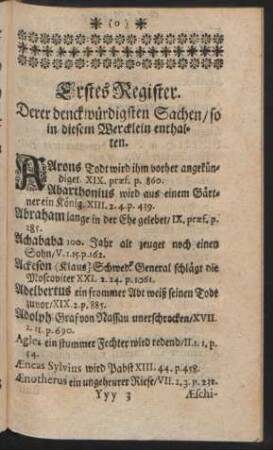 Erstes Register. Derer denckwürdigsten Sache / so in diesem Wercklein enthalten.