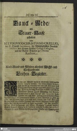 Danck-Rede, Im Trauer-Hause gehalten von M. Ludovico Christiano Crellio ...