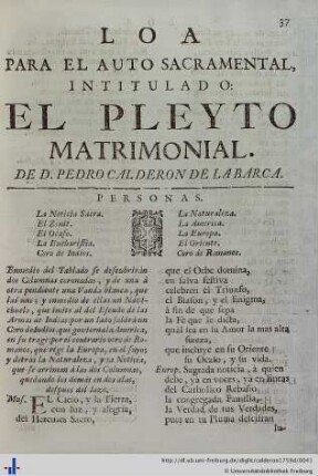 Loa para el Auto Sacramental El Pleyto Matrimonial.