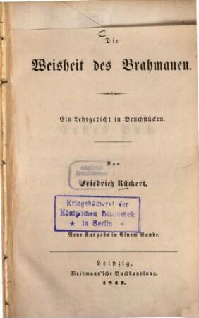 Die Weisheit des Brahmanen : ein Lehrgedicht in Bruchstücken