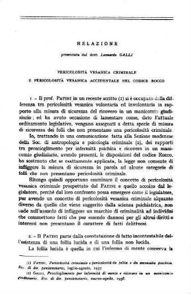 283-292, Relazione: Pericolosità vesanica criminale e pericolosità vesanica accidentale nel codice rocco