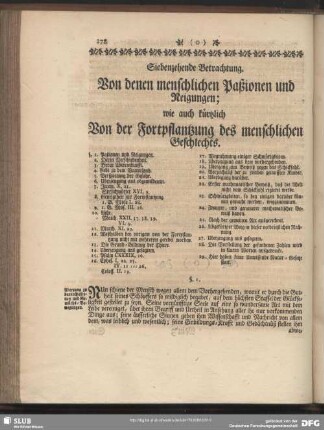 Siebenzehende Betrachtung. Von denen menschlichen Paßionen und Neigungen; wie auch kürtzlich Von der Fortpflantzung des menschlichen Geschlechts