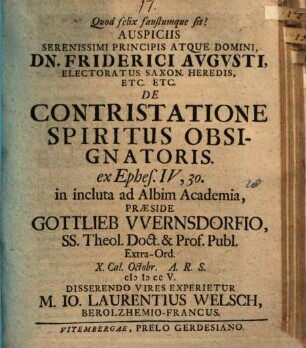 De contristatione spiritus obsignatoris, ex Ephes. IV, 30 disp.