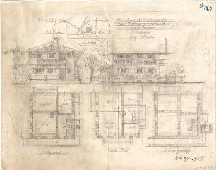 Thiersch, August ; Oberwössen (Bayern); Wohnhaus Döllerer - Grundriss Keller, Grundriss EG, Grundriss 1. OG, Ansichten