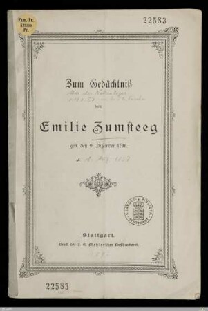 Zum Gedächtniß von Emilie Zumsteeg, geb. den 9. Dezember 1796