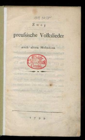 Zwey preussische Volkslieder nach alten Melodien