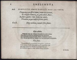Perfectus amor non est nisi ad unum : Perfectus amor non est nisi ad unum, Textseite 2. Buchdruck 150 x 200 mm (Blattgröße). Aus: Veen, Otto van: Amorum emblemata, figuris, aeneis, incisa studio Othonis Vaenii. Antverpiae: Verdussen, 1608. Dresden: SLUB Art.plast.1176