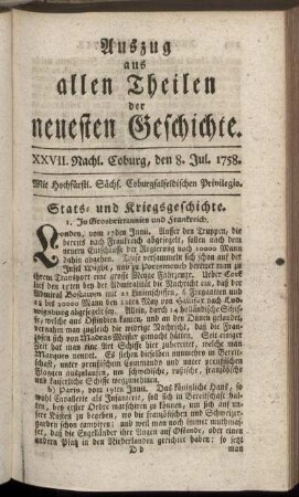 XXVII. Nachl. Coburg, den 8. Jul. 1758.