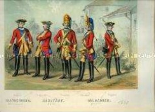 Uniformdarstellung, Dragoner, Dragoner-Regiment (v. Klingenberg) D I, Dragoner und Grenadier, Dragoner-Regiment (v. Arnstädt) D III, Grenadier und Dragoner, Dragoner-Regiment (v. Goldacker) D IV, 1730. Im Buch: Hauthal: Geschichte der Sächsischen Armee in Wort und Bild.