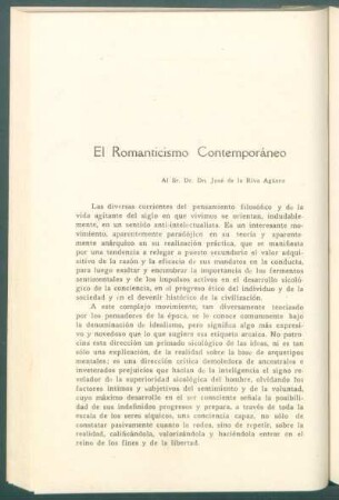 El Romanticismo Contemporáneo : Al sr. dr. dn. José de la Riva Agüero
