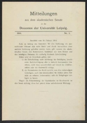 Mitteilungen aus dem akademischen Senate an die Dozenten der Universität Leipzig