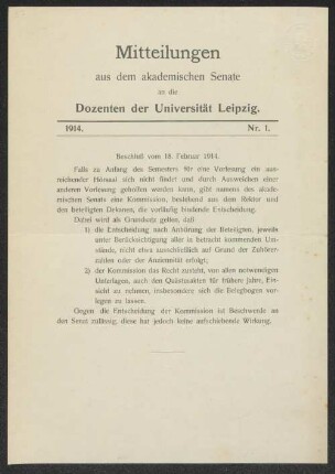 Mitteilungen aus dem akademischen Senate an die Dozenten der Universität Leipzig