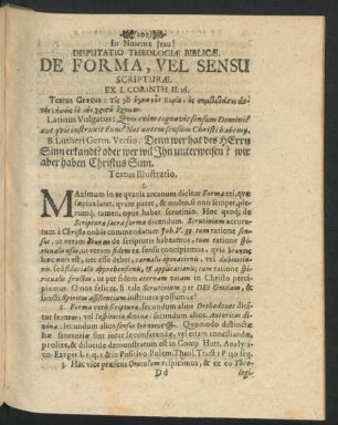Disputatio Theologiae Biblicae. De Forma, Vel Sensu Scripturae.
