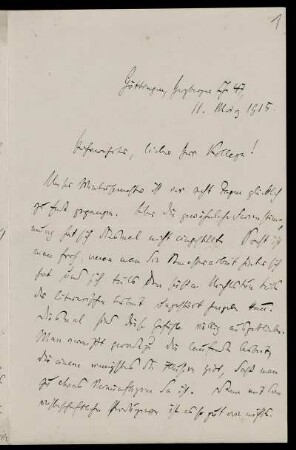 Nr. 1: Brief von Heinrich Maier an Edward Schröder, Göttingen, 11.3.1915