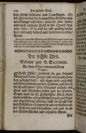 Der sechste Theil. Gebetter zum H. Sacrament.