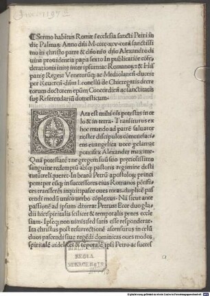 Sermo in publicatione confoederationis inter Alexandrum VI. ac Romanorum et Hispaniae reges, Venetorumque ac Mediolanensium duces : Rom, 1495.04.12. Mit der Bulle 'Quoniam pro communi', Rom 6.4.1495, von Papst Alexander VI.