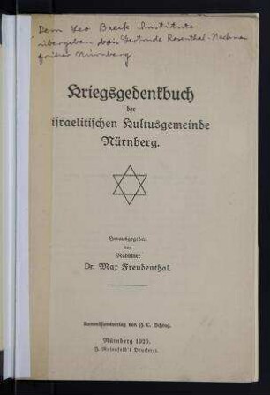 Kriegsgedenkbuch der israelitischen Kultusgemeinde Nürnberg / hrsg. von Max Freudenthal