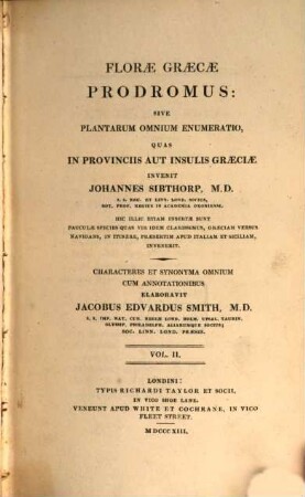 Florae Graecae prodromus : sive enumeratio plantarum omnium, quas in provinciis aut insulis Graeciae, 2
