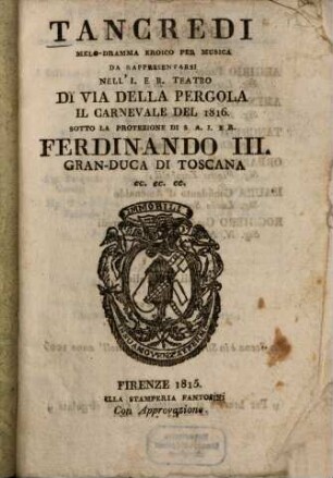 Tancredi : Melo-dramma eroico per musica