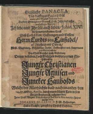 Geistliche Panacea Und kräfftiges Seelen Labsal wieder alles Unglück Noth und Todt/ ... Zu Hertzerquickendem Trost Deß ... Herrn Curdts von Einsiedel/ ... Bey ChristAdelicher Leich-Bestattung Dreyer desselben HochAdeligen wohlgezogenen Ehe-Pfläntzlein Jungfr Christianen Jungfr Agnisen und Juncker Haubolds : Welche der Allerhöchste bald nacheinander/ den 24. 27. und 29. Aprilis, durch einen seligen Todt in sein Ewiges Freudenreich aufgenommen