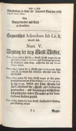 Gegnerisches Adiunctum sub Lit. B. modò sub Num. V. Beytrag der drey Geistl. Stiffter.
