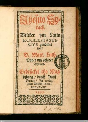 Jhesus Syrach : Welcker ym Latin Ecclesiasticus genömet wert