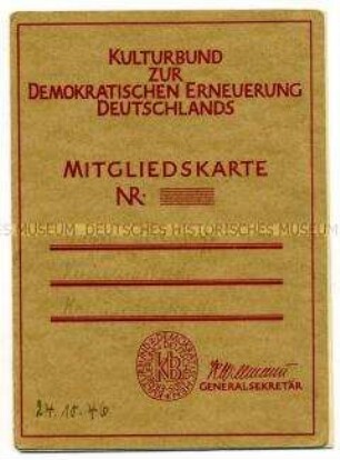Mitgliedskarte des Kulturbundes zur demokratischen Erneuerung Deutschlands von Magda Sendhoff - Familienkonvolut