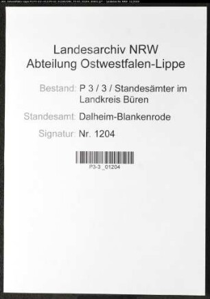 Sterberegister Standesamt Dalheim-Blankenrode