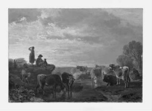 Kühe mit Hirtenpaar an der Tränke