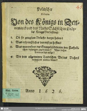 Politischer Discurs, Von des Königs in Dennemarck vnd des NiederSächsischen Cräyses KriegsVerfassung