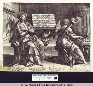 Die Heilige Caecilia, von einem orgelspielenden Engel begleitet.