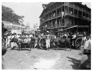 Bombay (Indien). Straßenkreuzung mit Einheimischen und Ochsenkutschen