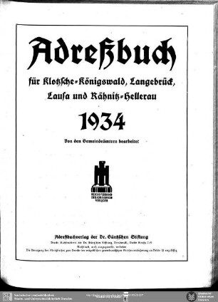 Adressbuch für Klotzsche-Königswald, Langebrück, Lausa und Rähnitz-Hellerau 1934